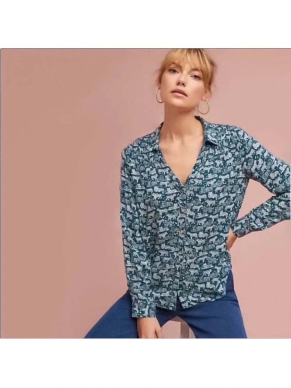 Anthropologie MAEVE Teal Tiger Print Button Down Blouse 0